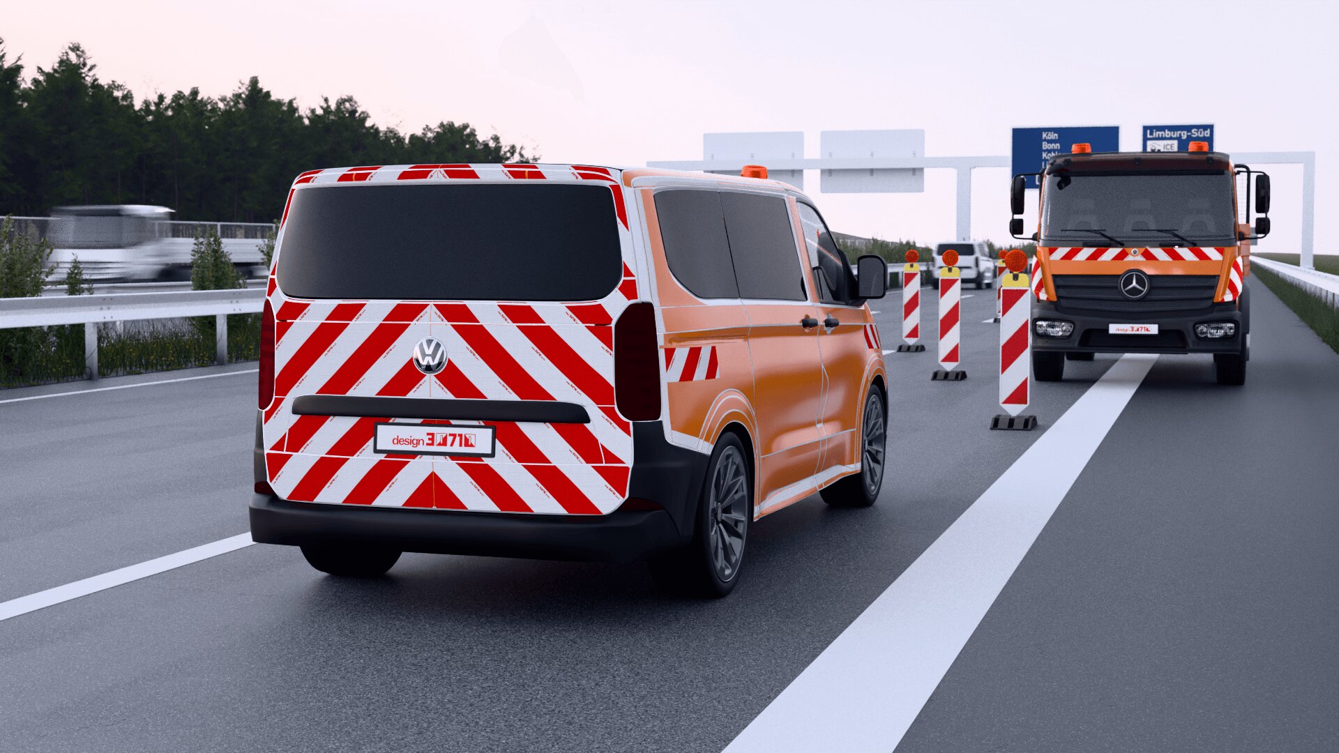 VW T7 und MB Atego auf einer Autobahnszene bei Tag 3D Rendering