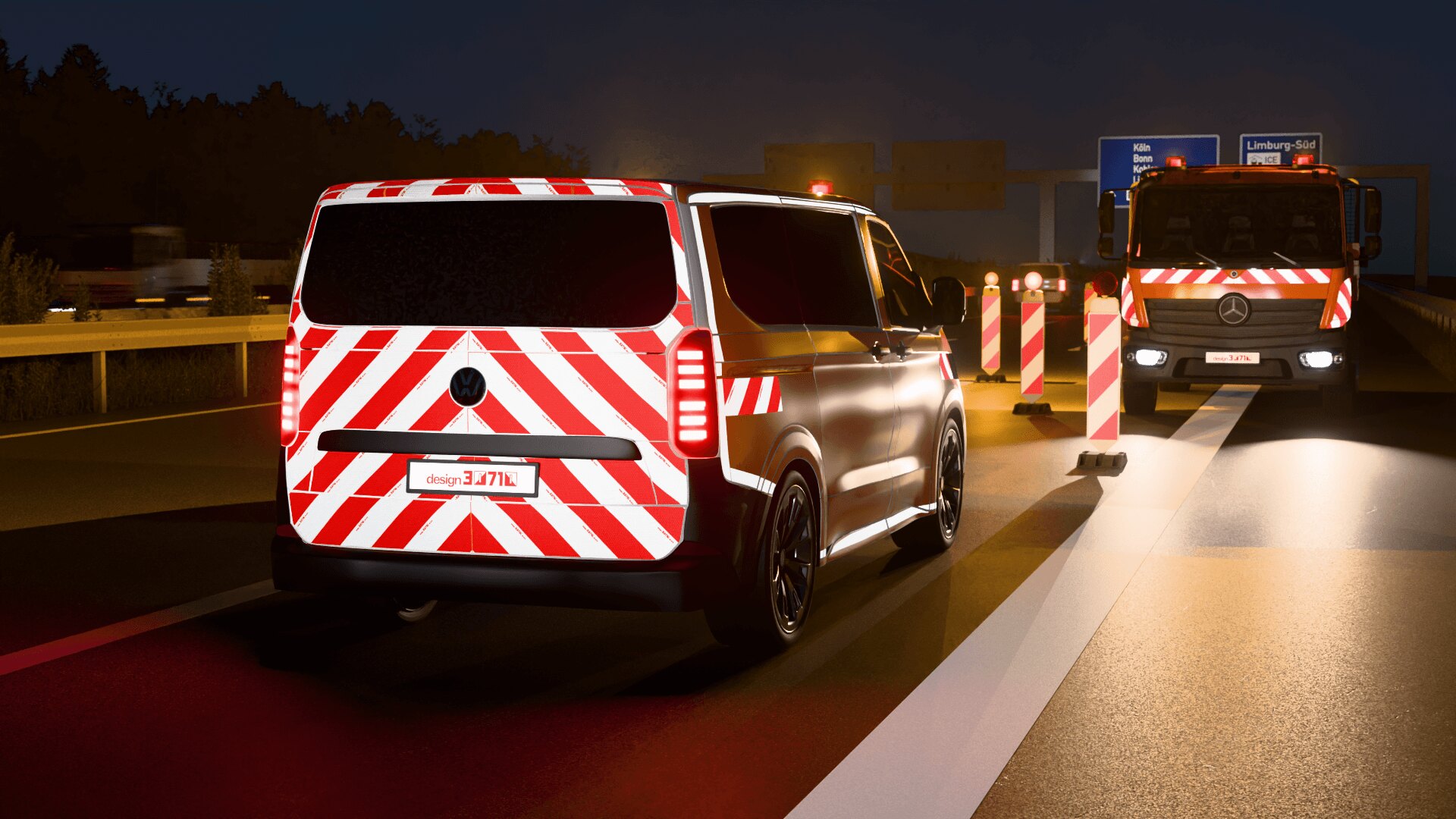 VW T7 und MB Atego auf einer Autobahnszene bei Nacht 3D Rendering