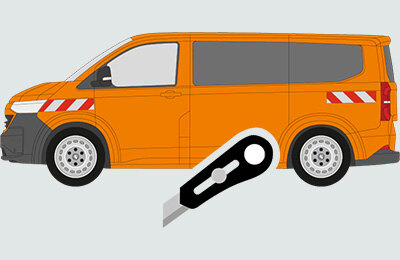 VW T7 mit Warnmarkierungssatz. Kein zuschnitt mit Messer erforderlich