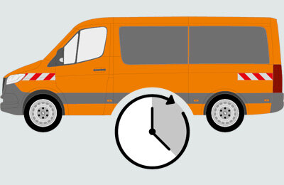 VW T7 mit Warnmarkierungssatz. Die Uhrzeit zeigt eine schnelle selbstmontage